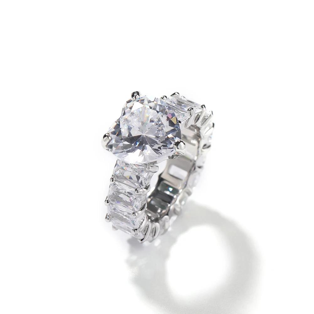 7mm Big Baguette  CZ Stone Pink Heart Ring Iced Out Bling Fashion Ring Hip Hop Jewelry High Quality Engagement Gift  Color