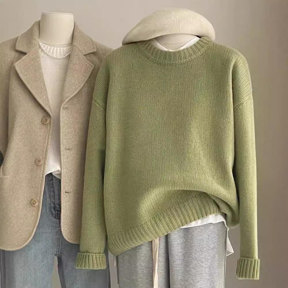 Autumn and Winter Women Soft Waxy Round Neck Cashmere Sweater Women's Loose Sweater Autumn and Winter Short Base Sweater