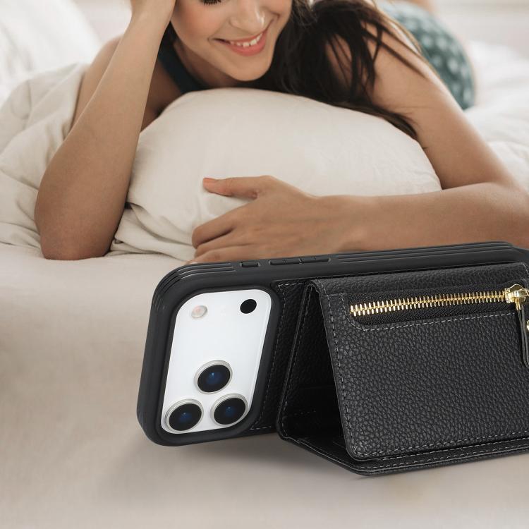 Crossbody Zipper Wallet Ring Holder Litchi Leather Phone Case