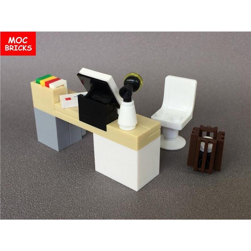 MOC Bricks Desk for Office Computer Book Lamp Work Station Table trash can Building blocks Assembled Toys kids gift
