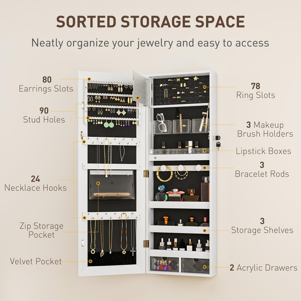 108 x 37cm Lockable Jewellery Cabinet, with LED Lights - White Surface and Black Lining