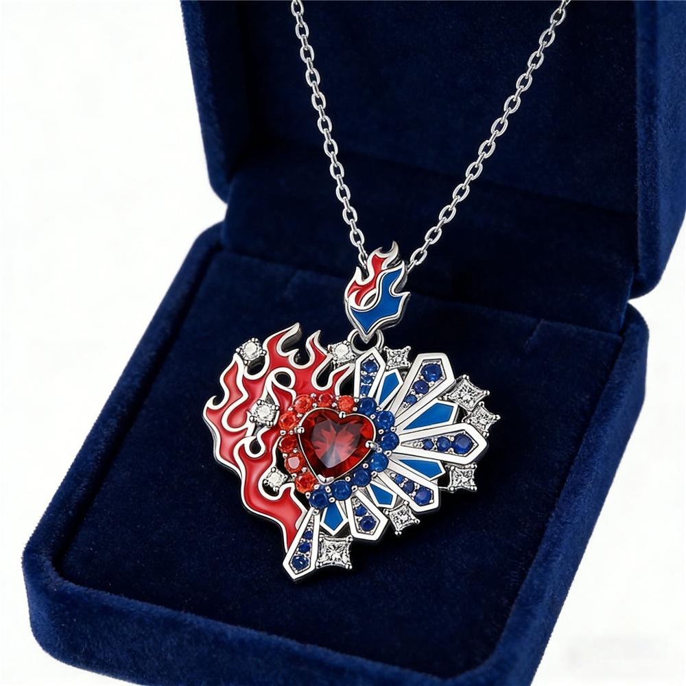 Charm Female Red White Blue Zircon Stone Round Skeleton Heart Fire Ice Pendant Necklace Silver Color Wedding Jewelry For Women