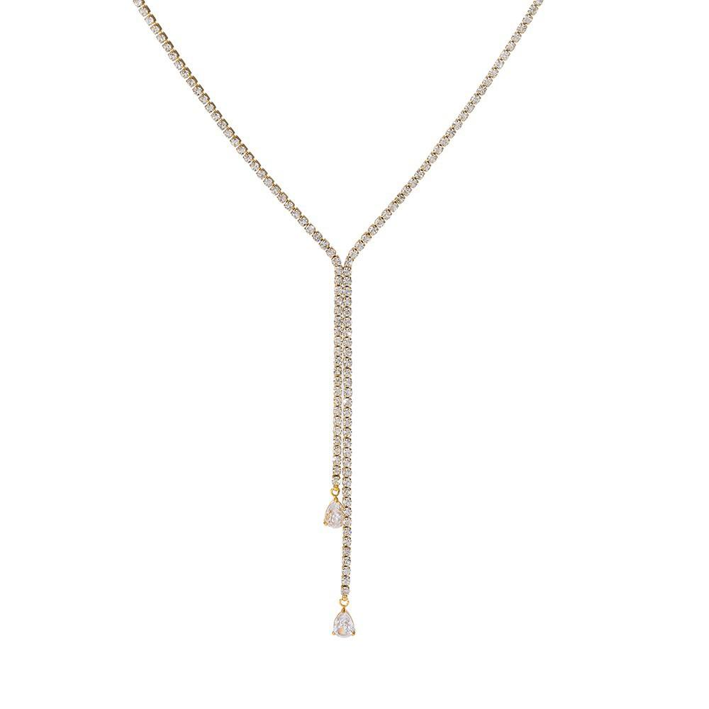 European and American plated 18K gold water drop zircon fringed pendant tennis chain stainless steel jewelry niche design necklace