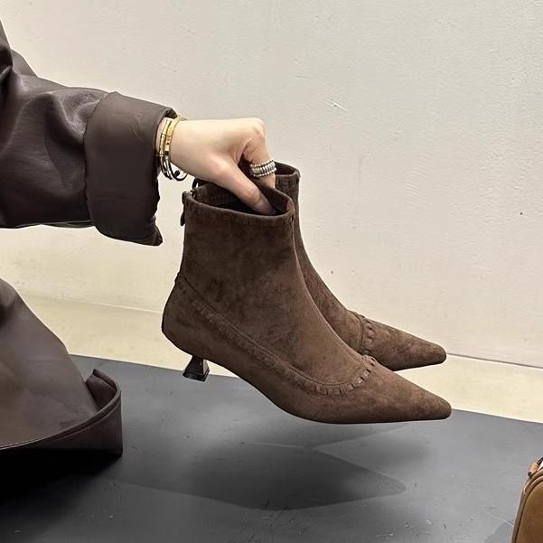 Korean niche fashionable suede thin heel short boots women's 2025 autumn and winter new commuting versatile zipper thin boots