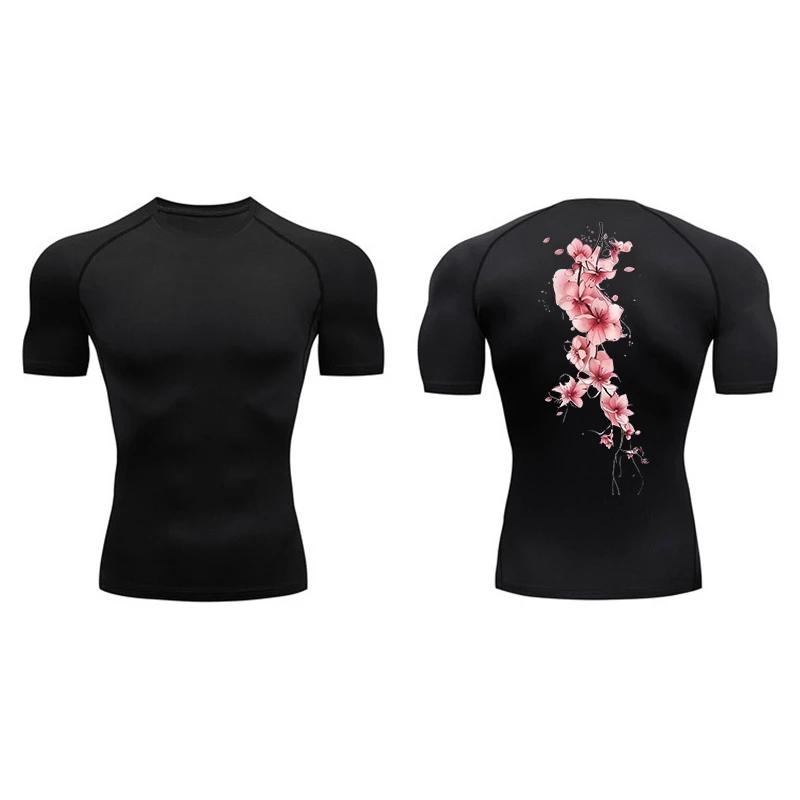 Blossom Print Short Sleeve Compression Tee Shirts Men Summer Athletic Quick Dry T-shirts Fitness Gym Workout Running Sporty Tops