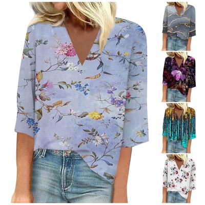 Women's Shirt Blouse Casual Loose Shirts 3/4 Sleeve Print V Neck Tops Print Tops T-shirts Tee