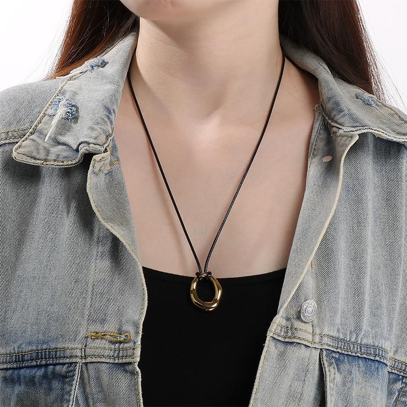 Stainless Steel Irregular Circle Pendant Necklace for Men Women Black Leather Cord Hip Hop Minimalist Jewelry Gift Daily Wear
