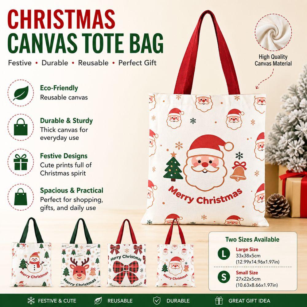 New Canvas Christmas Handbag Santa Snowman Reindeer Printed Reusable Shopping Bags Foldable Shoulder Bag Christmas Shopping