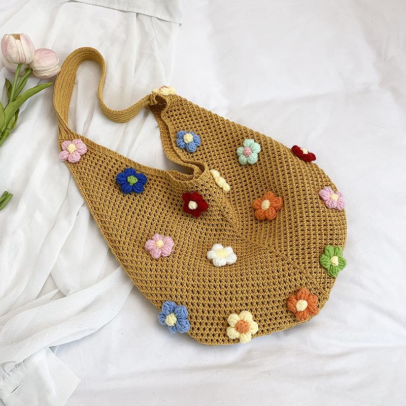 Woven Bag Women's New Shoulder Tote Bag Lazy Wind Knitted Hollow Flower Beach Bag
