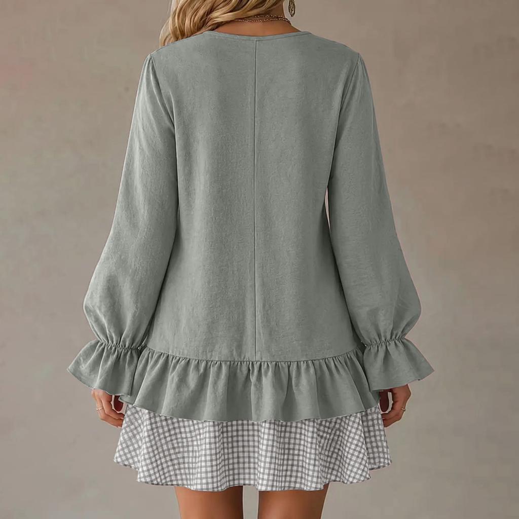 Women's Casual Long Sleeve Dress with Ruffle Hem and Plaid Patchwork - Fall Fashion Dress