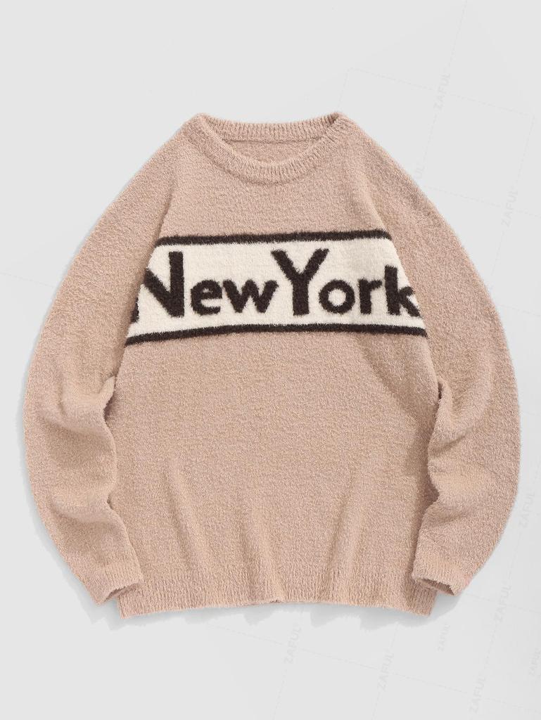 ZAFUL Men's Casual Letter New York Printed Round Neck Fuzzy Pullover Sweater