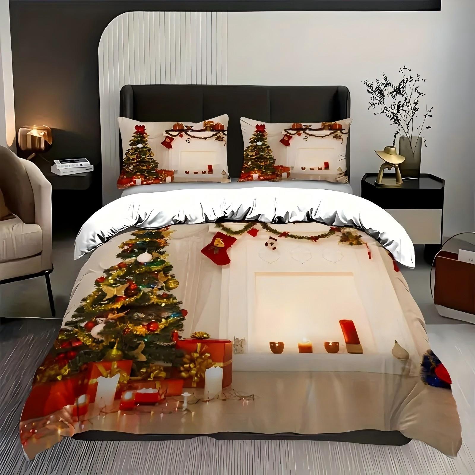 

Christmas Tree Fireplace 3D Printed Duvet Cover Set Soft Comfortable Luxury Bedding Set Christmas Theme Quilt Cover Pillowcases 135x200cm 2pcs
