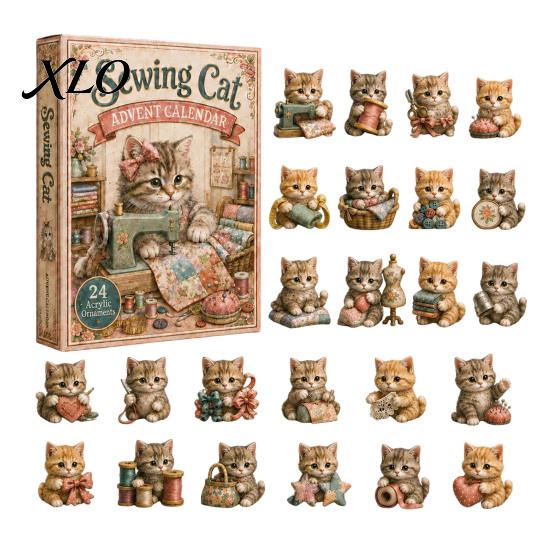 24 Day Christmas Countdown Cat Advent Calendar, with Cute Ornaments, Decorative Accents 2D Acrylic Kitty Holiday Decorations, Gift for Kids,