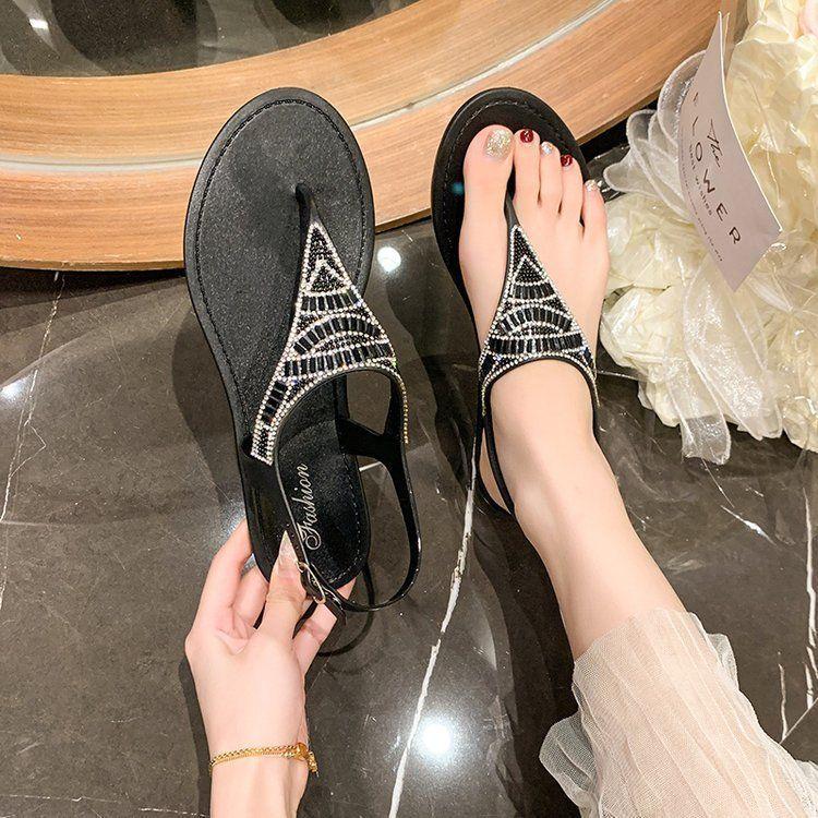 Versatile flat-bottomed casual bohemian beach sandals fashion toe rhinestone sandals women's 2025 summer and autumn new