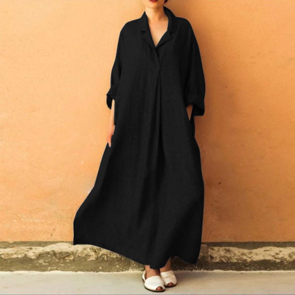 YYFS Moda donna primavera autunno tinta unita stampa manica lunga scollo a V vita larga abiti casual