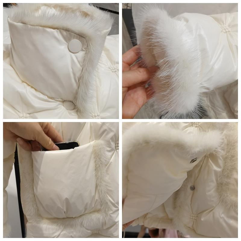 Women Autumn Winter White Duck Down Jacket Coat Padded Short Stand Fur Collar Single-breasted Pocket Loose Warm Solid Color