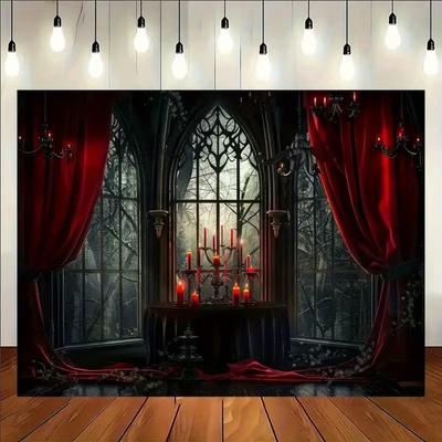 2D Dark Academia Gothic Window with Red Curtains and Candles Party Backdrop
