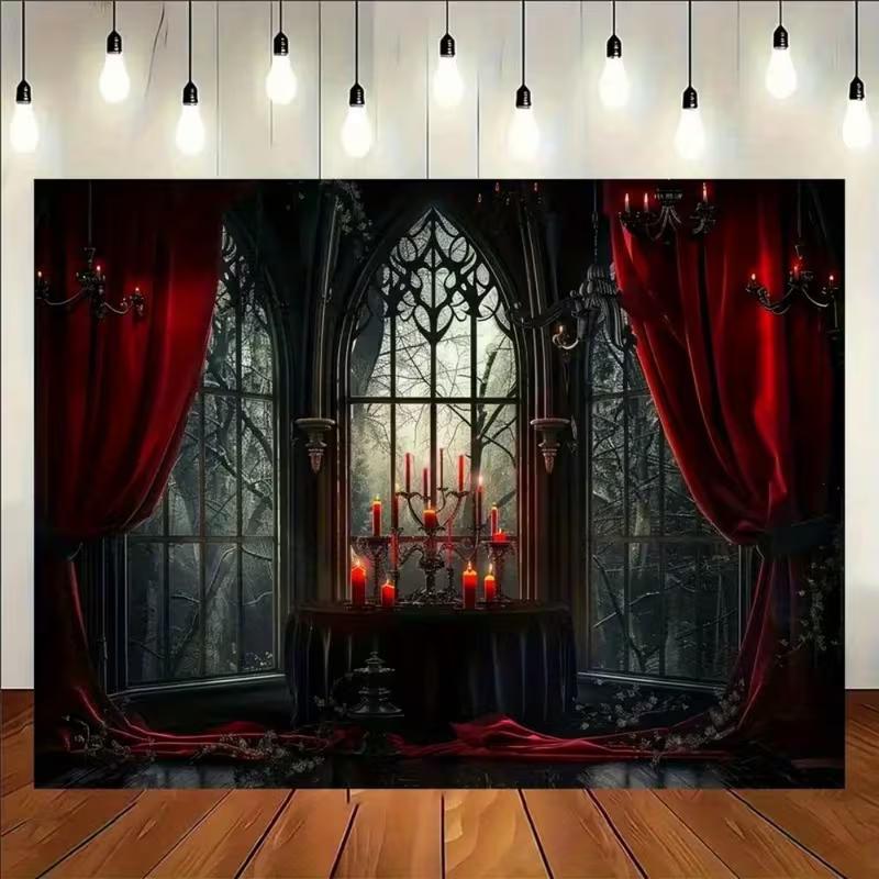 2D Dark Academia Gothic Window with Red Curtains and Candles Party Backdrop