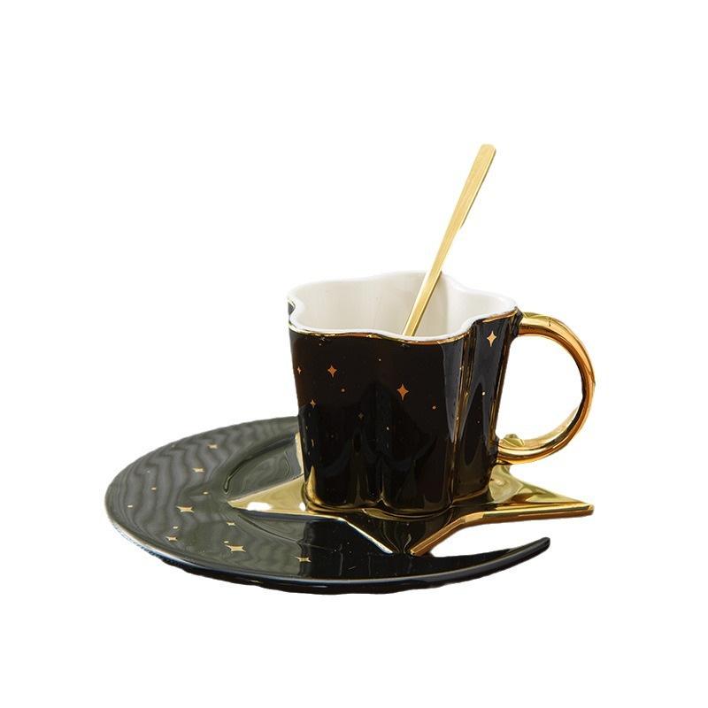Nordic Ceramic Coffee Cup Saucer Creative High end Gold-patterned Hand Patterned Mug Fashionable Star Moon Style Coffee Cup Saucer