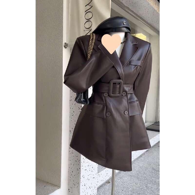 Dámska Khaki Retro Kožená Bunda - Yuppie Štýl, High-End, Zúžená v Pás, Jesenný Trend