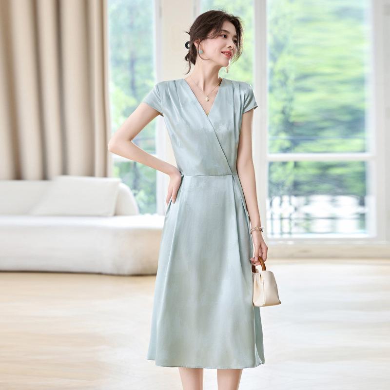 

эластичное платье из тутового шелка, элегантный темперамент, V-образный вырез, приталенное и стройнящее платье из тутового шелка 2XL синий