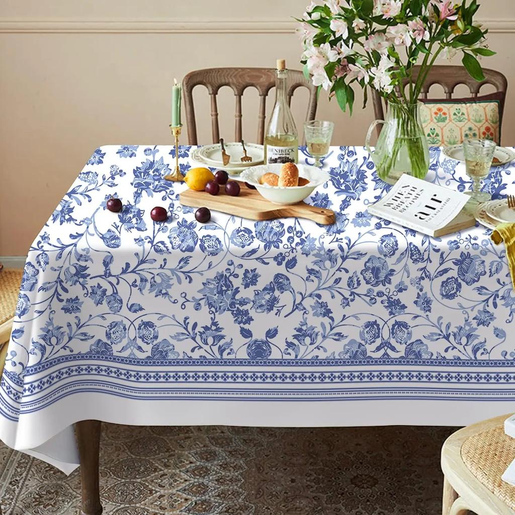 Blau-florales rustikales rechteckiges Tischdecken-Küchen-Esszimmer-Dekor Wasserdichte Tischdecke für Tisch-Feiertagsparty-Dekorationen