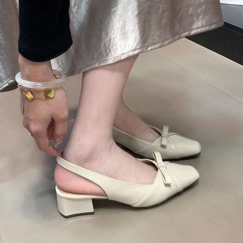 French Square Head Bow Thick Heel Bag Head Sandals Women's Outer Wear Summer 2025 New Light Mouth Empty Single Shoes