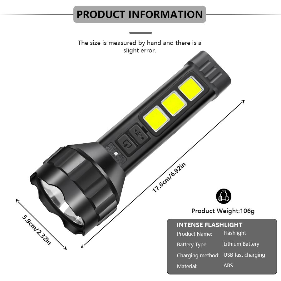 High Power Led Flashlight Built-in Battery USB Rechargeable With COB Side Light Torch Outdoor Camping Handheld Flashlights