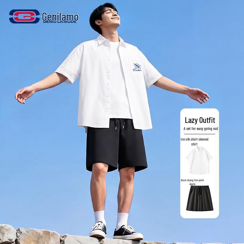 GENIOLAMODE Men s Ice Silk Casual Shirt & Shorts Set - Airplane Panda XL
