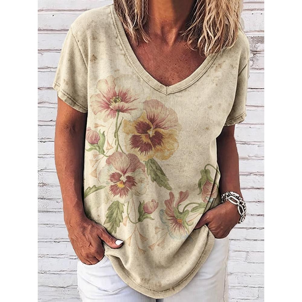 Women's Pansy Floral Print V Neck T-Shirt, Short Sleeve Casual Vintage Tops, Daily Wear for Spring & Summer