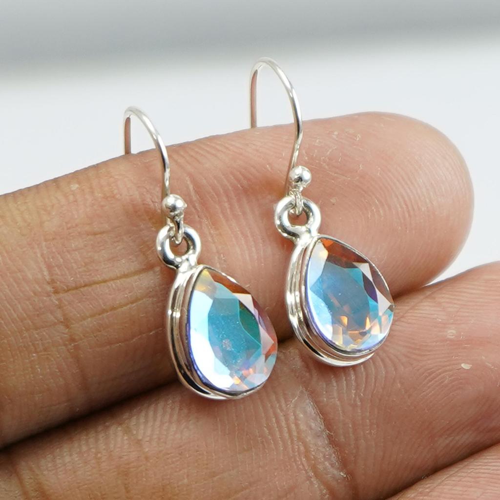 Natural Angel Aura Quartz Earrings, Handmade Earrings, 925 Sterling Silver Teardrop Quartz Earrings, Anniversary Earring