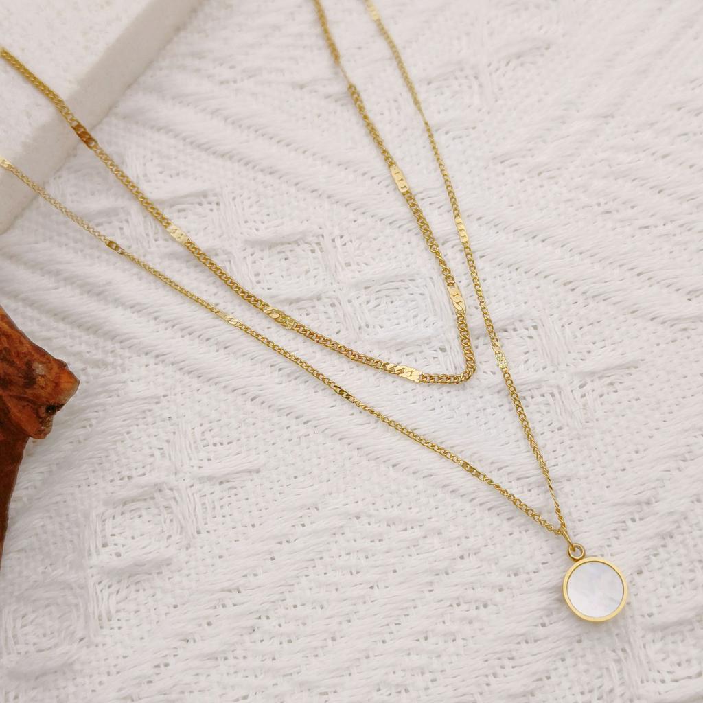 Fashion Jewelry Necklace Stainless Steel Double Layer 18k Gold Plated White Round Shell Women's Pendant Necklace Gift