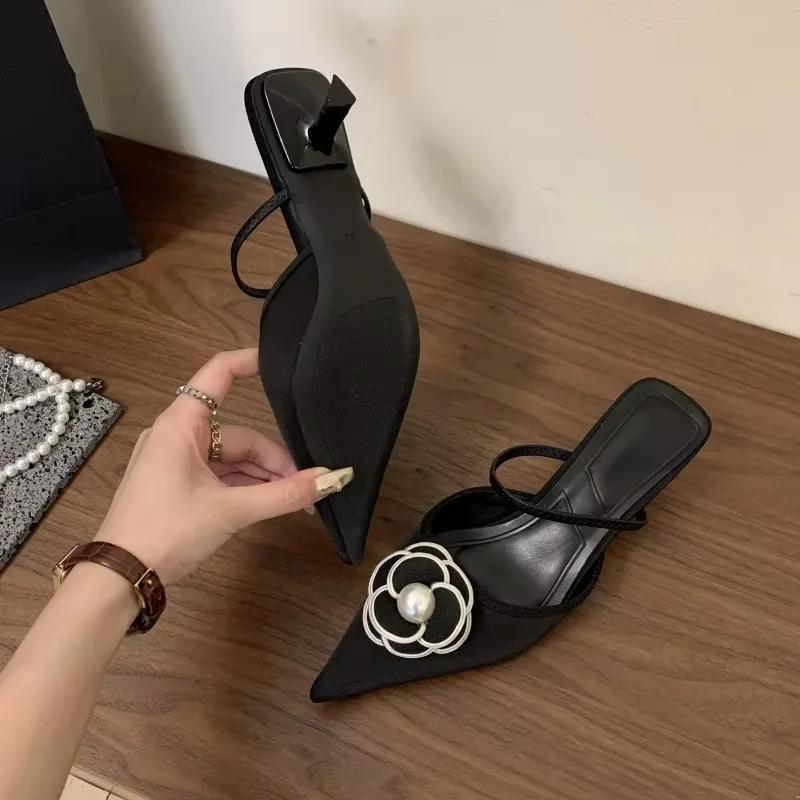 Fashion 2025 Flower Pointed Toe High Heels Women Luxury Designer Sandals Female Summer Elegant Fashion Pumps Flower Mule Slippers Women