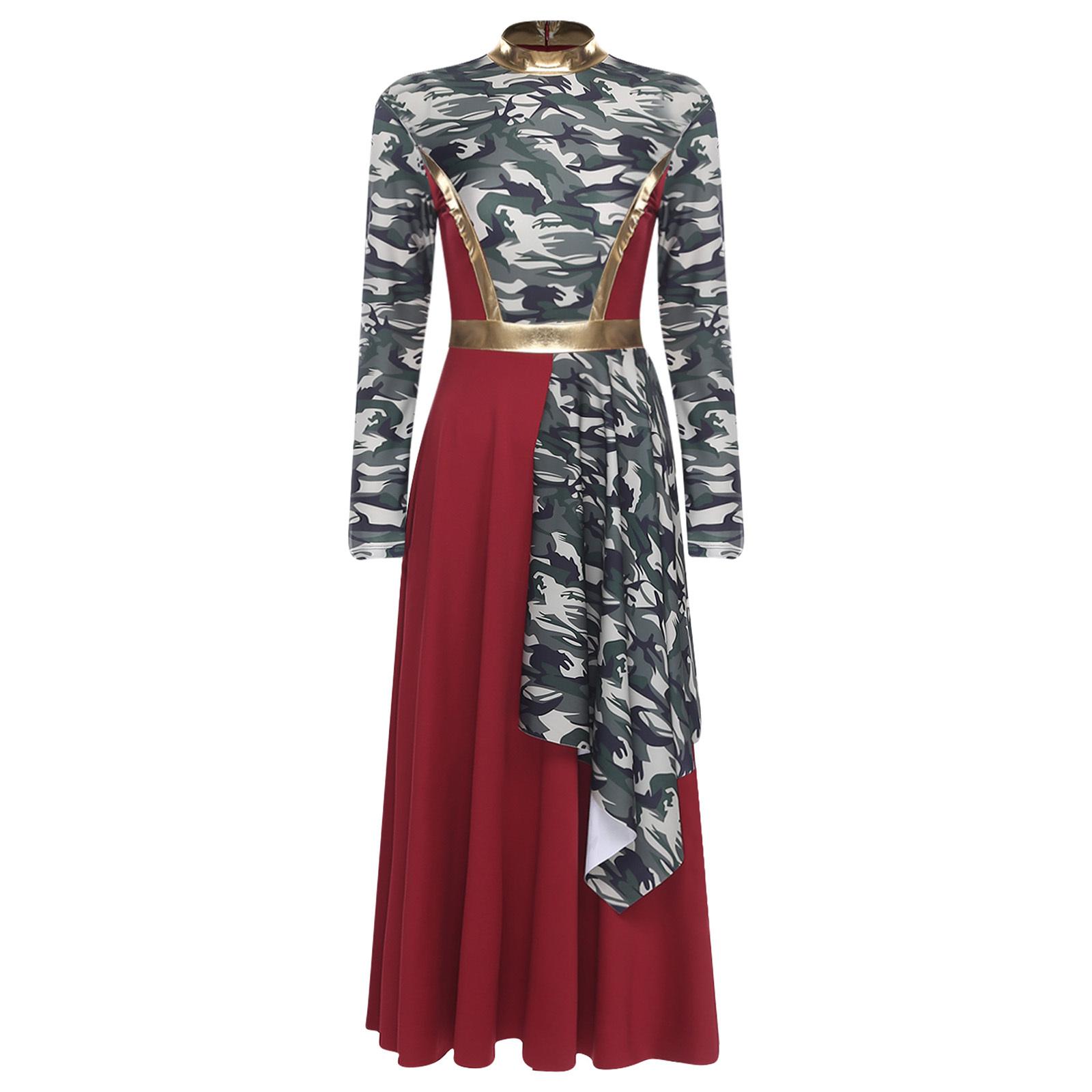 

Ladies Lyrical Dance Costume Mock Neck Long Sleeve Tunic Dress with High Waist and Asymmetrical Skirt S бордовий