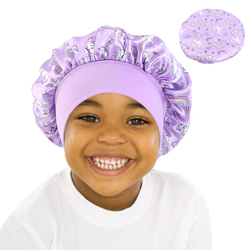 Neues Baby Einhorn Cartoon Druck Satin Nachtschlafmütze Elastisches Breites Band Bonnet Haarabdeckung Mütze Beanie Salon Bad Spa Duschhauben