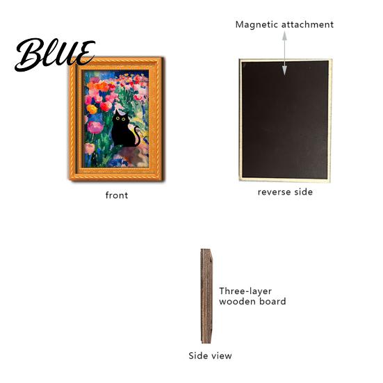 Vintage Frame Refrigerator Decor Oil Painting Cat Magnet Wooden Black Decorative Fridge Magnets Theme Retro Rectangle Magnetic Decoration Magnet