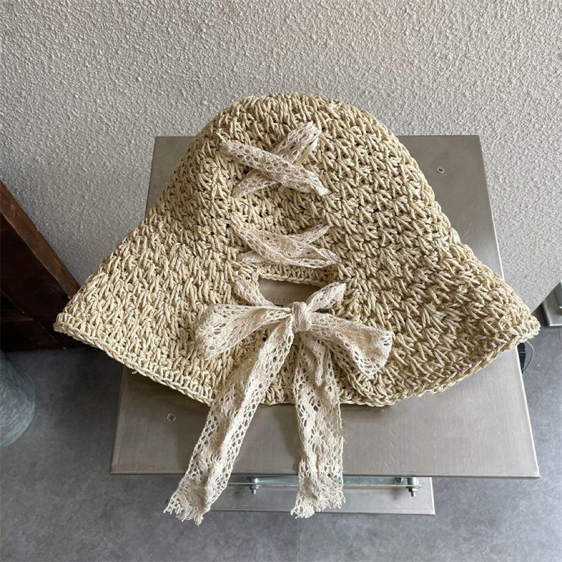 

Hat Women s Straw Hat K-style Trendy Easiest for Match Japanese Style Summer Thin Breathable Lace Bows Cut Out Fresh Windproof Beige M(56-58cm)