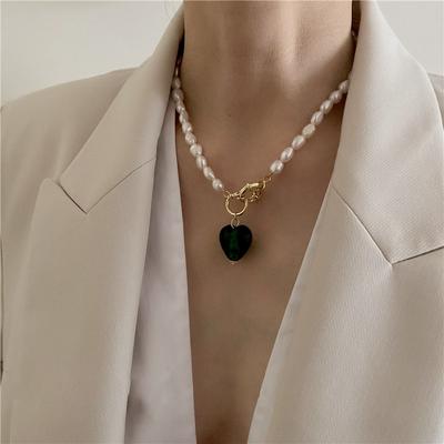 Colares vintage barrocos irregulares de pérolas naturais para mulheres, meninas, cor azul, coração, corrente ligada, pingente, gargantilhas, colar, joias
