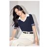 Women Knitwear 2024 Summer New POLO V Neck Collar Contrast Color Short Sleeve Knitwear Pullover Thin Short Top