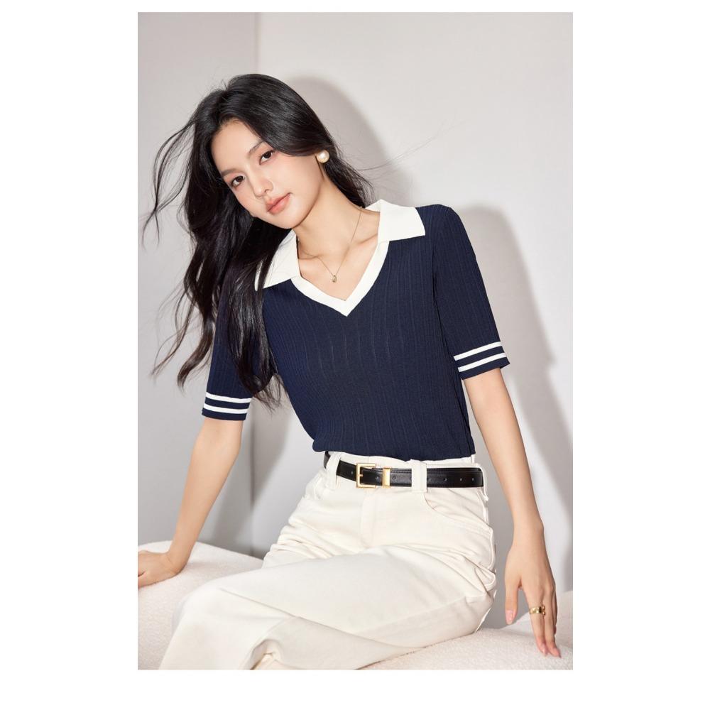 Ženy Pletené zboží 2024 Léto Novinka POLO Výstřih do V Límec Kontrastní Barva Krátký rukáv Pletený svetr Tenký Krátký Top