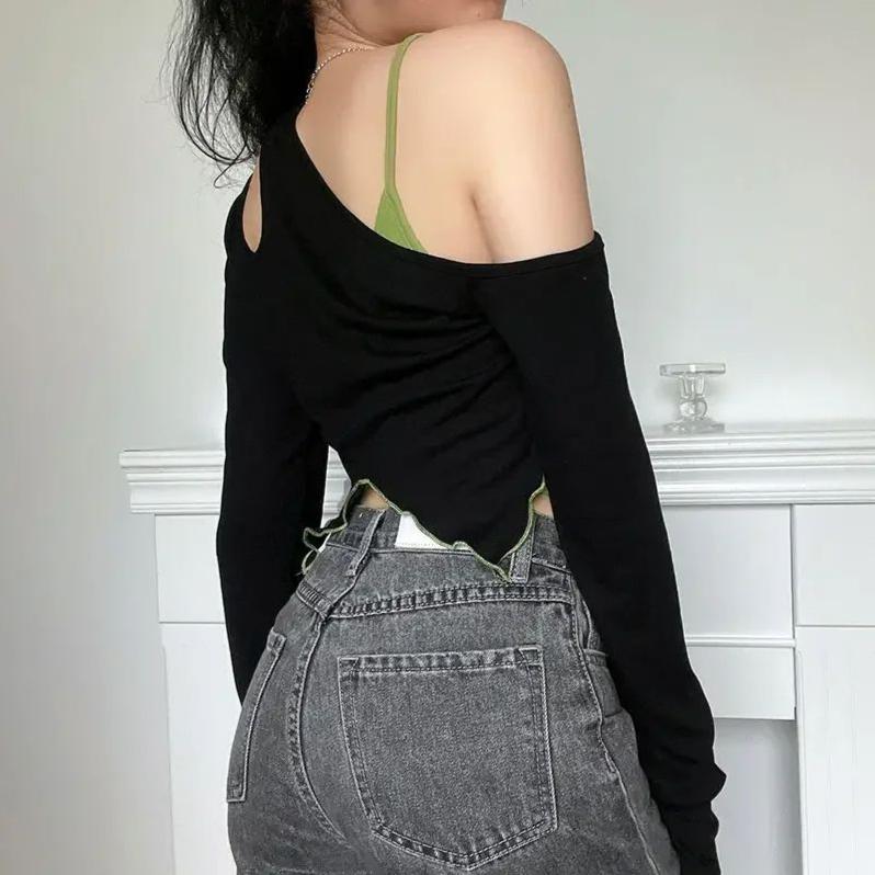 Zelený Color Blocking Top Slim Tričko Sexy Čistá Touha Y2k Streetwear Dámský Krátký Top Dlouhý Rukáv Nepravidelný Výstřih Falešné Dva Kusy Jaro Léto