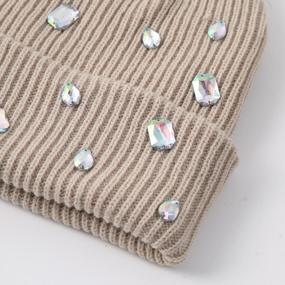 Solid Color Beanie Hat Rhinestone-embellished Skull Cap Fashionable Pullover Knit Cap Autumn
