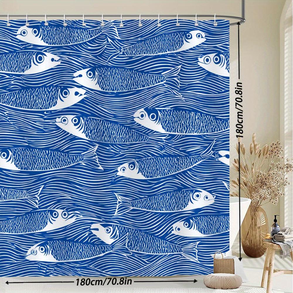 Sprchový závěs s rybím vzorem – Bílé stylizované ryby s vlnovkami na tmavě modrém pozadí, 12 háčků, 70,87×70,87 palce