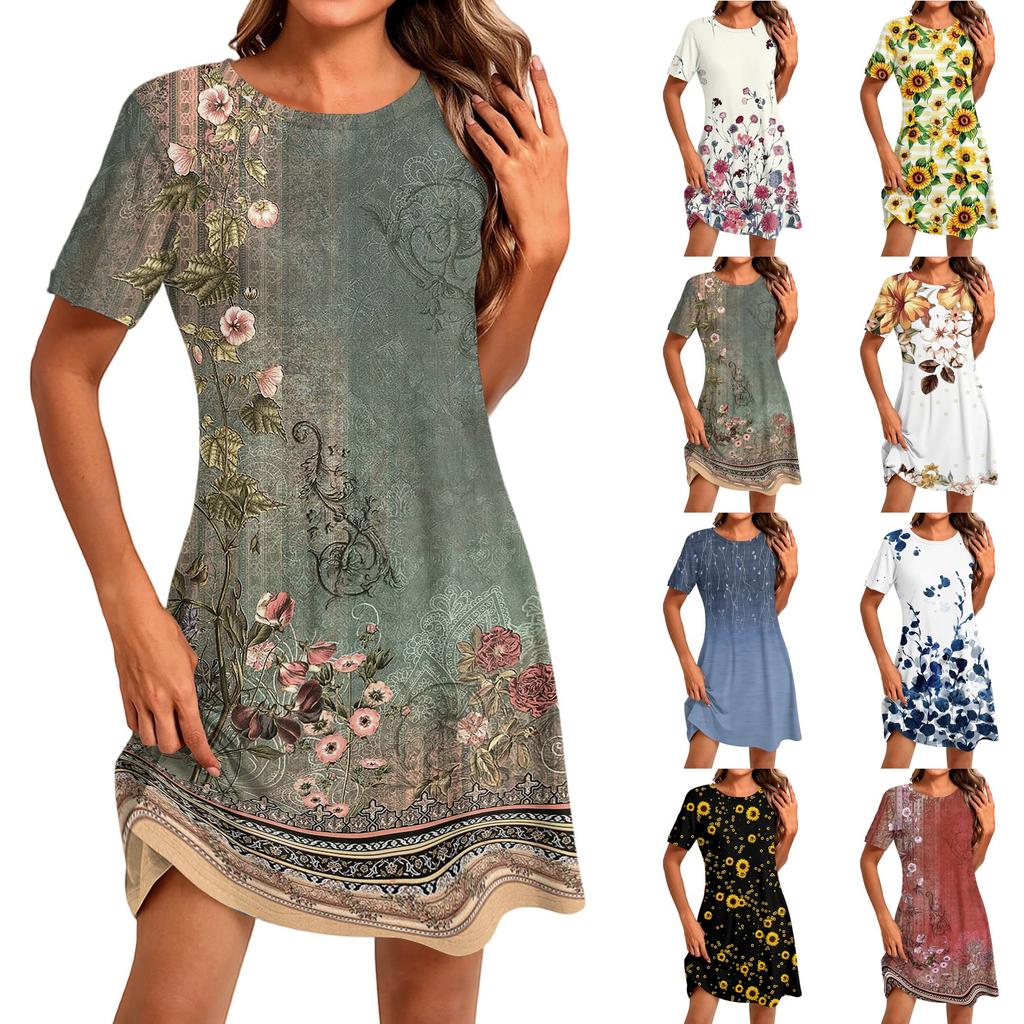 Women's Fashion Casual Print Round Neck Short Sleeve Short Dress