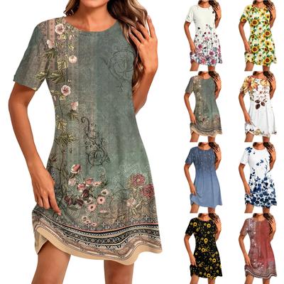 Damenmode Lässig Druck Rundhals Kurzarm Kurzes Kleid