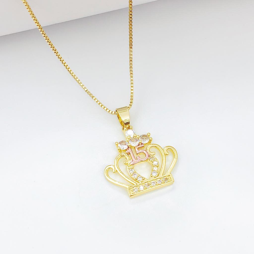10-Style Gold-Plated Shiny Zircon Crown 15th Birthday Pendant Necklace Classic for Girls' Party Vacation Jewelry Birthday Gift