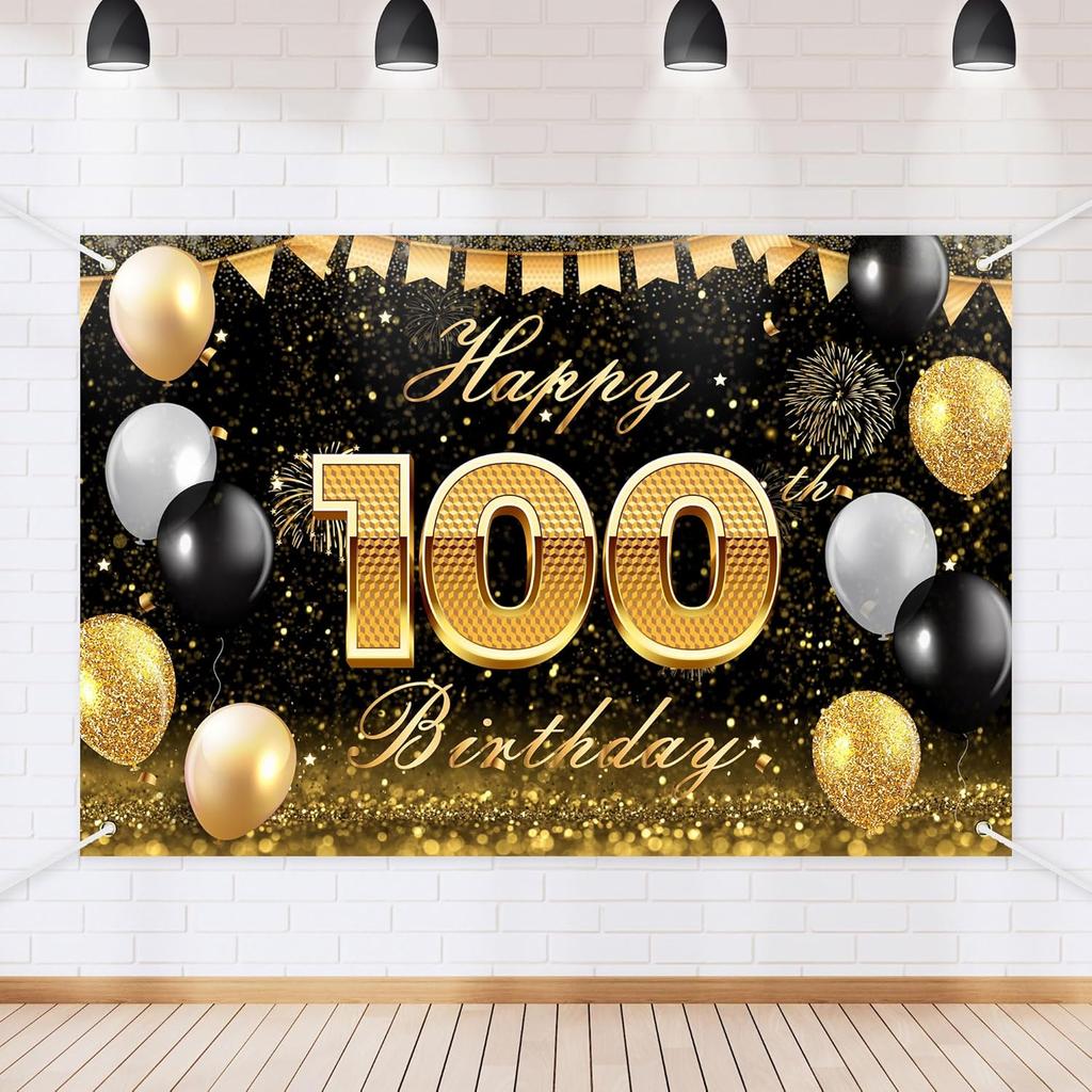 Black Gold Happy Birthday Backdrop Banner Glitter Black Gold Theme Photography Photo Prop Background Decor for Men Women Boys Girls Celebration