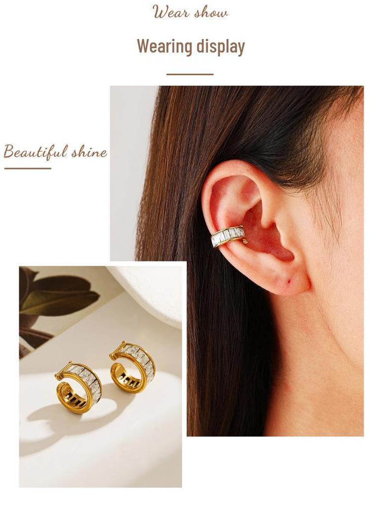 18K Gold Waterproof Titanium & Stainless Steel Zirconia C-shaped Earrings - Women's European/American Style Ear Cuff Jewelry