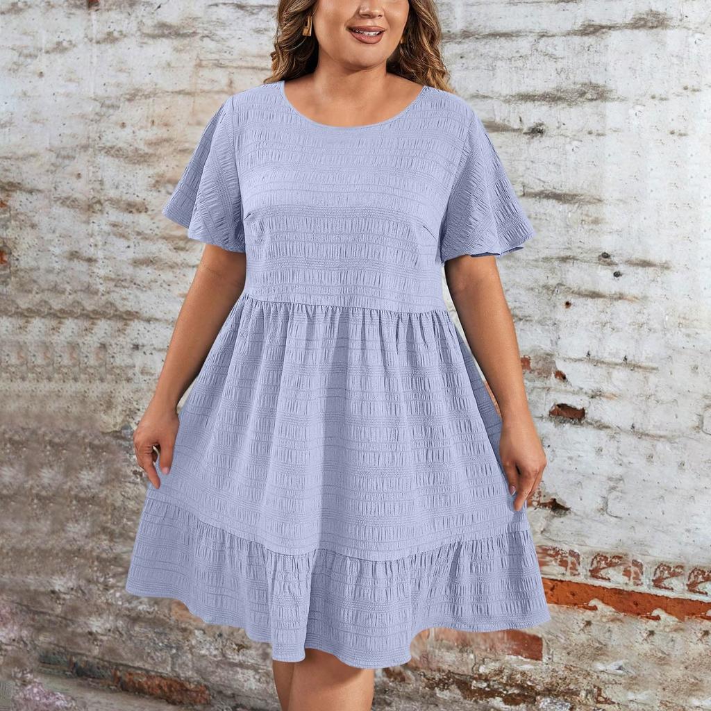 Ladies' Large Size Casual And Fashionable Solid Color Dress, Loose Short Sleeved Waist Cinched Dress