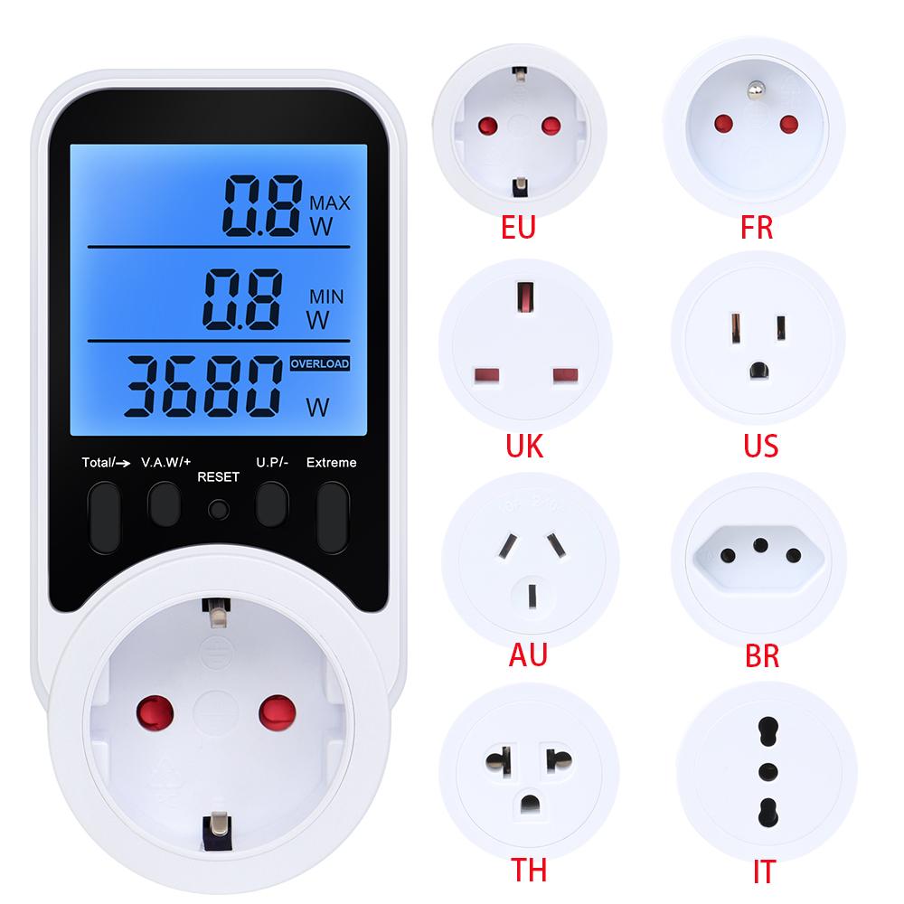 AC Power Meter Socket Electric Energy Monitor LCD Display Electricity Billing Plug KWH Voltage Current Tester Overload Protector